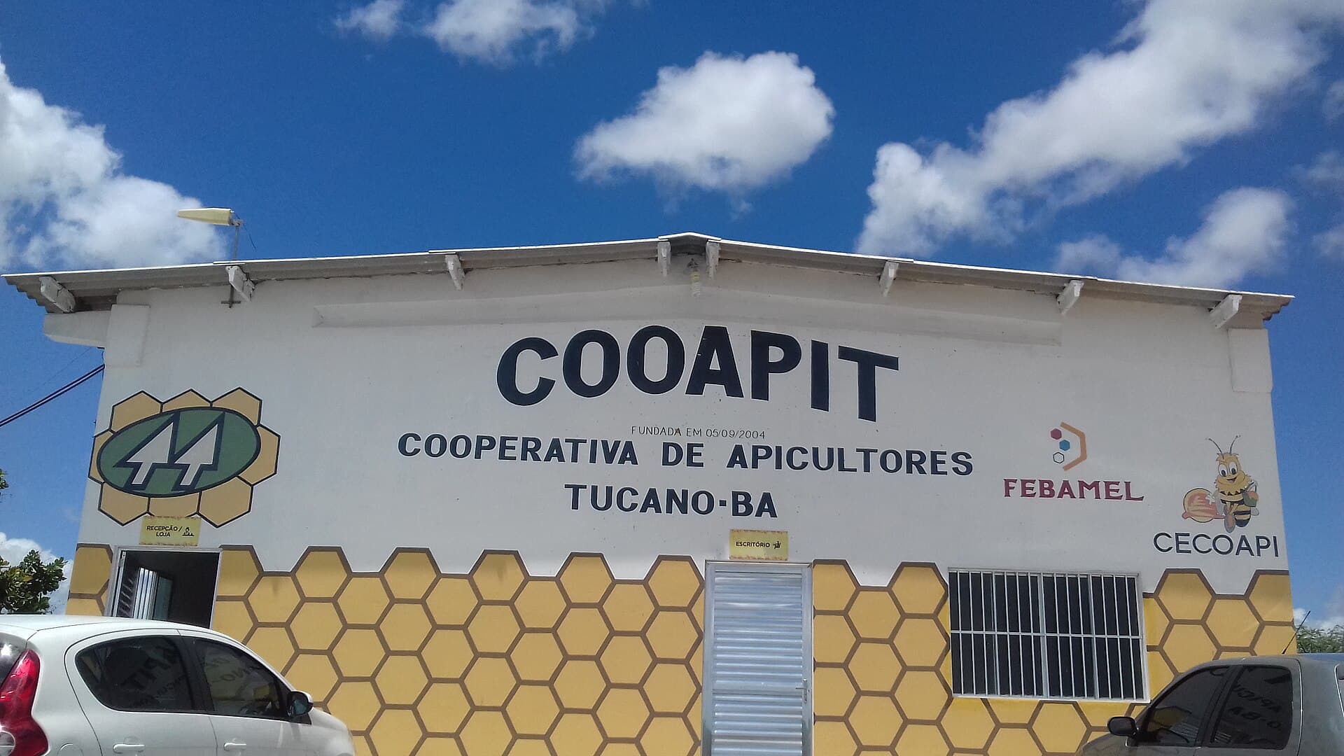 The gable of the COOAPIT beekeepers' cooperative at Tucano in Bahia, Brazil, painted with a yellow honeycomb pattern and lettered 'Cooperativa de Apicultores Tucano-BA, fundada em 05/09/2004', against a bright sky