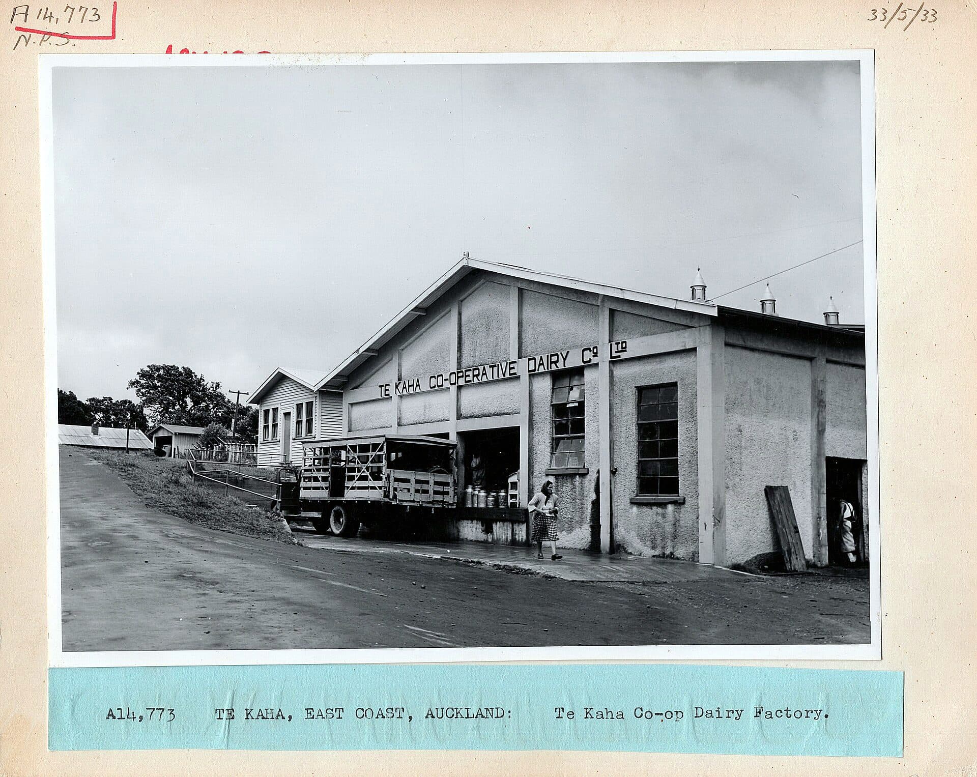 The Te Kaha Co-op Dairy Factory in New Zealand in an archival black-and-white photograph