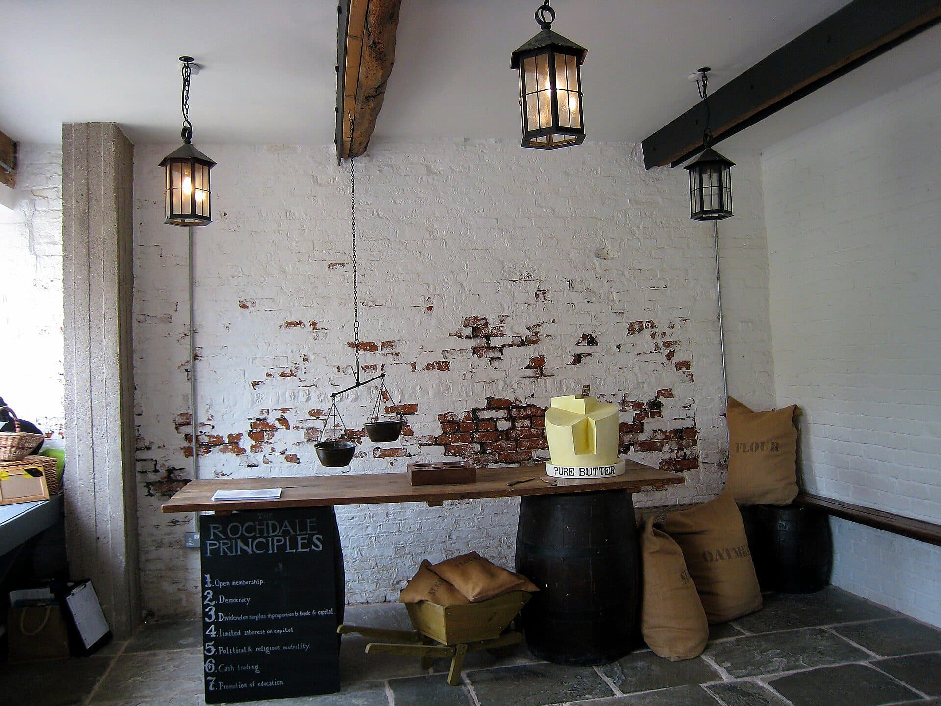 The restored interior of the original Rochdale Pioneers cooperative shop