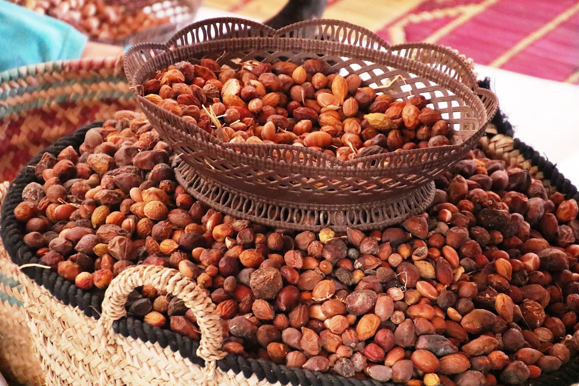 Baskets of harvested argan nuts at the Marjana women's cooperative in Morocco — a pierced metal bowl of sorted kernels resting on a woven palm pannier heaped with whole dried fruit, on a red and gold rug