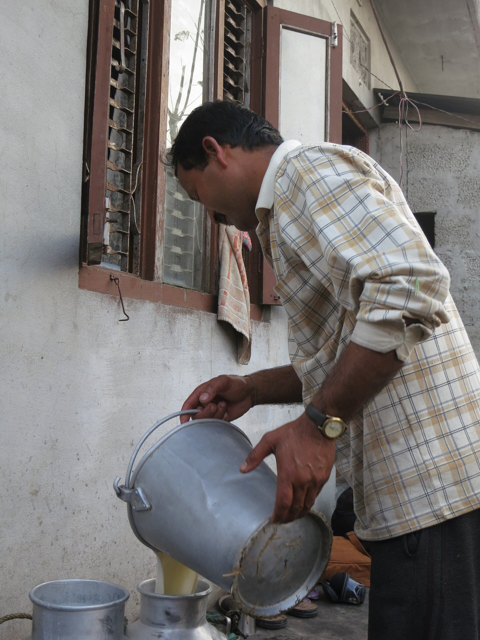 A dairy farmer in Chitwan District, Nepal, tips the evening milking from an aluminium pail into churns for collection by his local dairy cooperative, standing on the veranda of his house beside a shuttered window